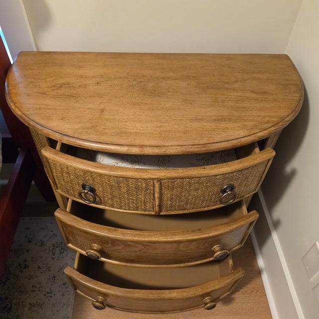 1990s Braxton Culler Coastal Demilune 3 Drawer Chest - Woven Rattan Reed & Oak - Carved Melon Feet - 36" W For Sale - Image 11 of 17