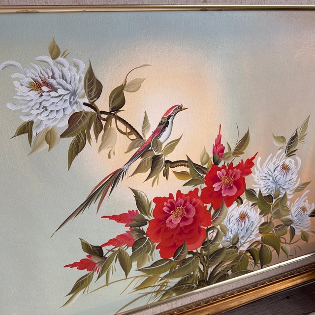 Chinese Large Mid-Century Chinese Silk Painting – Hand-Painted Bird & Peony Floral Composition in Ornate Frame - Signed by Unknown Artist For Sale - Image 3 of 12