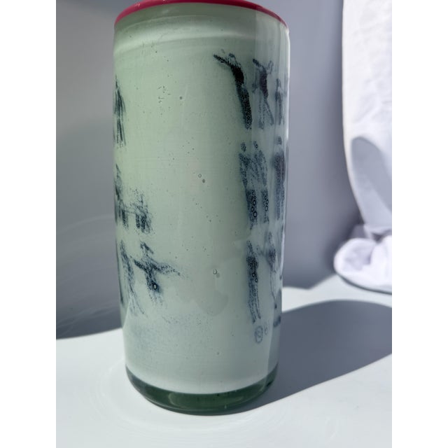Unique Art Glass Vase With Graal Technique Drawings and Pink Rim For Sale - Image 4 of 14