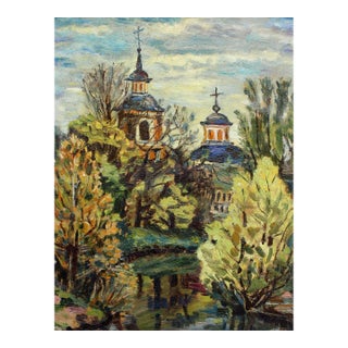 1990s Cathedral of the Pacific Landscape, II Impressionist Style Oil Painting For Sale