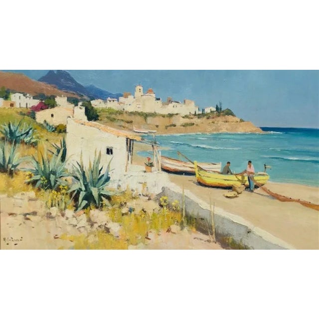 Arie Zwart, View of Benidorm with Fishermen on the Beach, Oil on Canvas, 1950s For Sale - Image 4 of 4