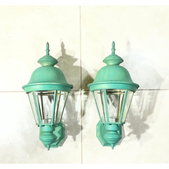 Pair Vintage Solid Brass Verdigris Carriage Lanterns-Traditional Colonial Style For Sale - Image 12 of 16