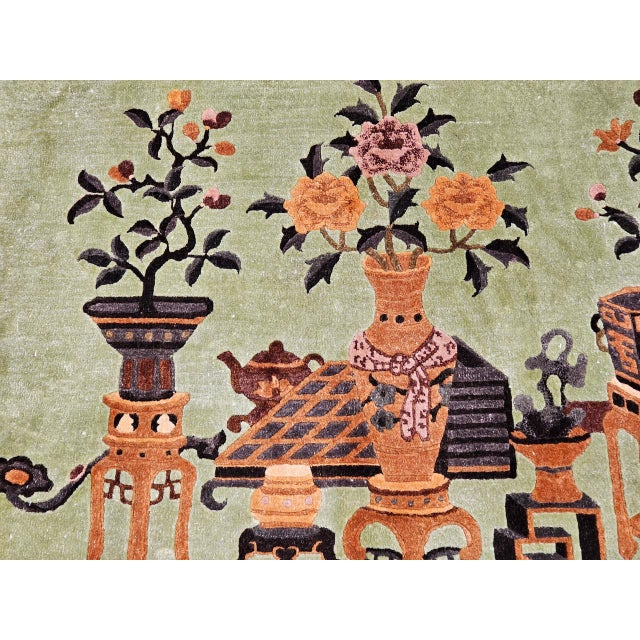 Textile Pair of Vintage Chinese Art Deco Pictorial Rugs, Silk & Wool, Vase Motif, 2' x 3' For Sale - Image 7 of 12