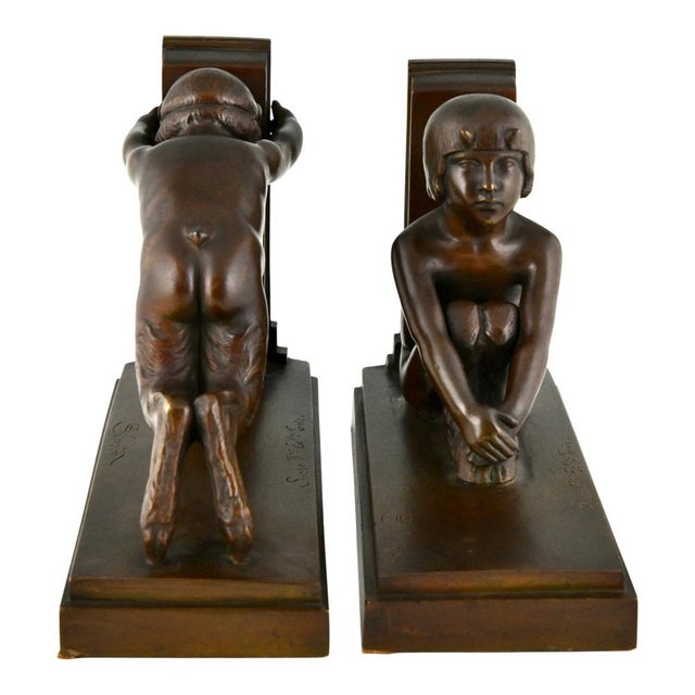 Art Deco Bronze Bookends of Boy and Girl Satyr by Paul Silvestre, 1920s, Set of 2 For Sale - Image 3 of 13