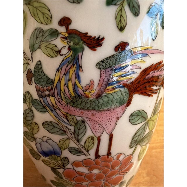 White Late 20th Century Chinese Hand Painted Porcelain Vase Phoenix & Peony Motif 8.5” Floral Bird For Sale - Image 8 of 8