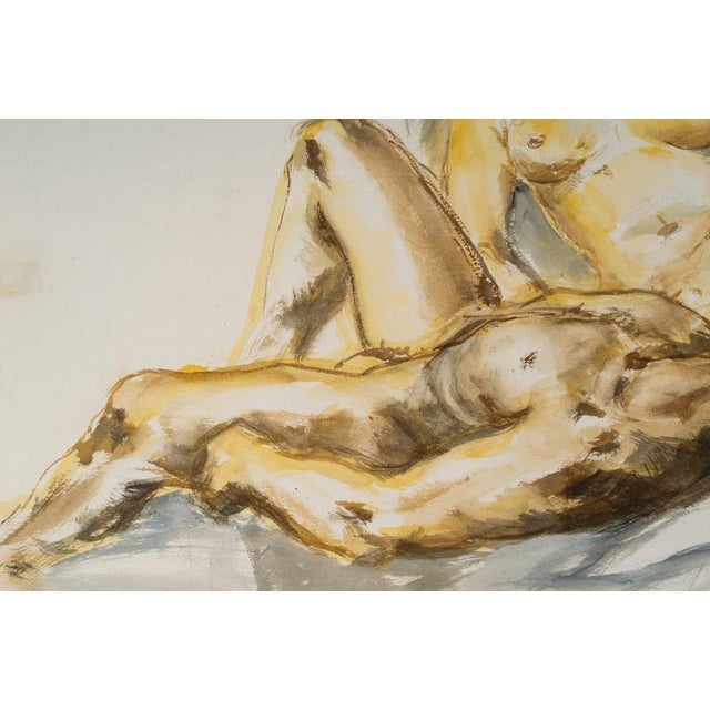Watercolor on paper depicting two reclining women by Evelyne Luez, 20th century. Watercolor on paper by Evelyne Luez, 20th...