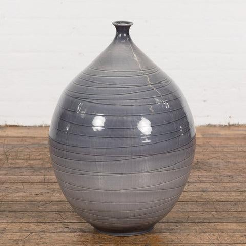 Prem Collection Hand Crafted Artisan Vase with Narrow Mouth and Blue Grey Glaze For Sale - Image 4 of 12