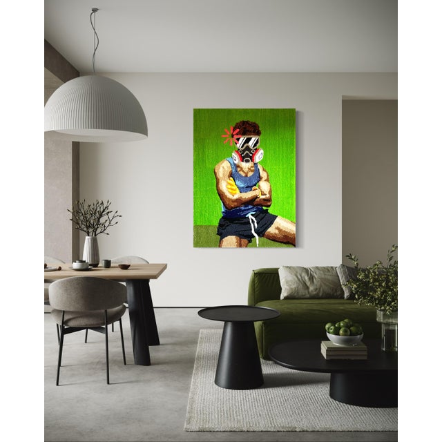Green Cedric Vu "Do You Smell Fumes?" Tufted Yarn Self Portrait, Gas Mask Figure, Electric Green, Contemporary California Textile Art, Pop Art, 2025 For Sale - Image 8 of 8