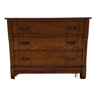Antique Victorian Eastlake Oak Three-Drawer Chest With Incised Detail and Brass Hardware For Sale