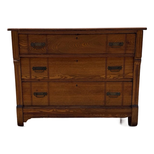 Antique Victorian Eastlake Oak Three-Drawer Chest With Incised Detail and Brass Hardware For Sale