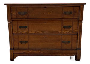 Antique Victorian Eastlake Oak Three-Drawer Chest With Incised Detail and Brass Hardware
