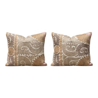 Beige Faded Suzani Bedding Pillow Cover 22'' X 26'' - Set of Two For Sale