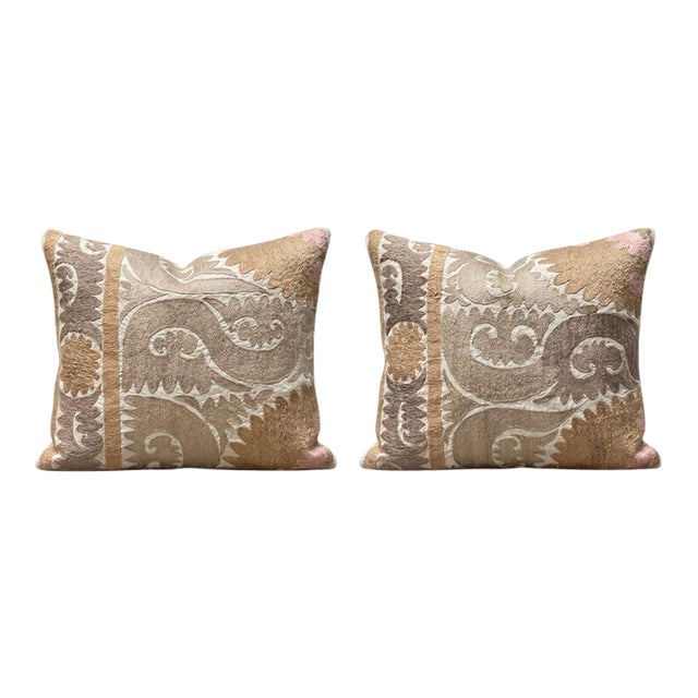 Beige Faded Suzani Bedding Pillow Cover 22'' X 26'' - Set of Two For Sale