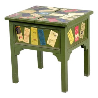 Vintage 1950s Folk Art Shoe Shine Box Decorated W/ Old Matchbook Covers - Small End Table Storage Compartment For Sale