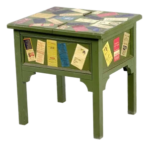 Vintage 1950s Folk Art Shoe Shine Box Decorated W/ Old Matchbook Covers - Small End Table Storage Compartment