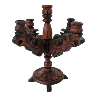 Rustic Spanish Revival Style Carved Wood Five Arm Candelabra For Sale