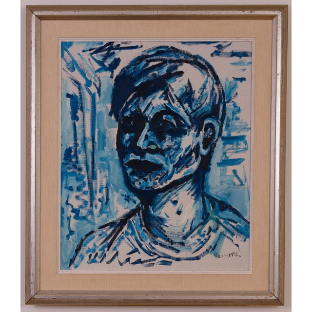 Erik Heinertz, Blue Expressionist Portrait, 1960s, Oil on Canvas For Sale - Image 10 of 10