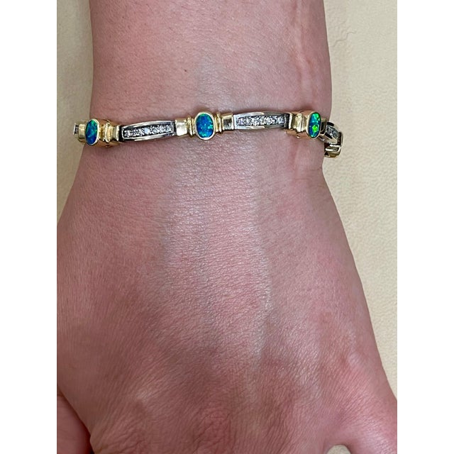 Natural Opal & Diamond Tennis Bracelet 14 Karat Two Tone Gold For Sale - Image 12 of 18