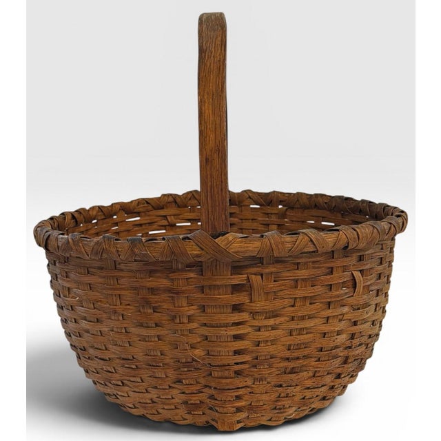 Large Antique American Split Hickory Gathering Basket With Bentwood Handle This exceptionally large-scale antique...