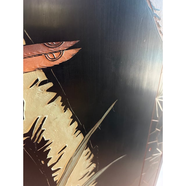 Paint 1960s Asian Coromandel-Style Black Lacquer Double-Sided Four-Panel Folding Screen For Sale - Image 7 of 17