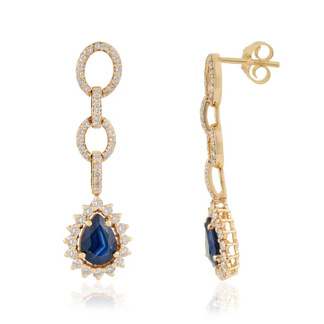 Geometric 1.61ct Blue Sapphire & Diamond Link Drop Earrings in 14k Yellow Gold- A Pair For Sale - Image 4 of 13