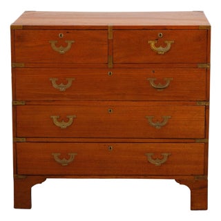 English 19th Century Teak Campaign Chest with Five Drawers and Brass Hardware For Sale