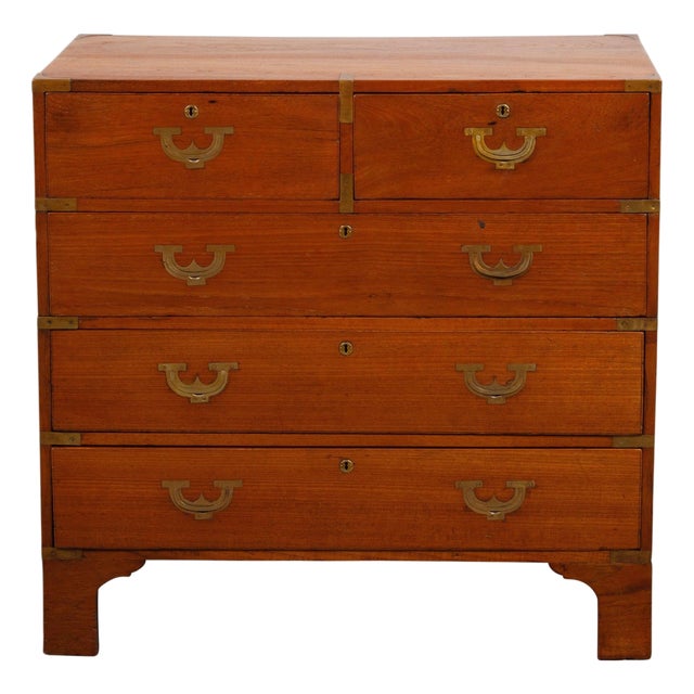 English 19th Century Teak Campaign Chest with Five Drawers and Brass Hardware For Sale