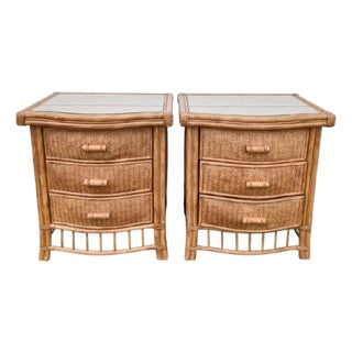 Vintage Natural Wicker Henry Link Style Glass Top 3 Drawer Night Stands- A Pair For Sale