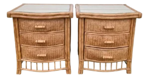 Vintage Natural Wicker Henry Link Style Glass Top 3 Drawer Night Stands- A Pair