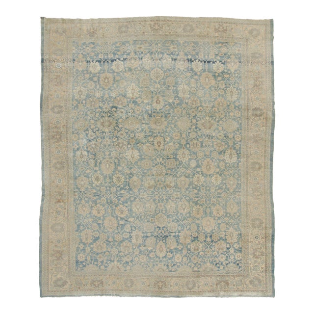 Oversized Antique Persian Tabriz Rug With Sky Blue Floral Design - Rug & Kilim For Sale