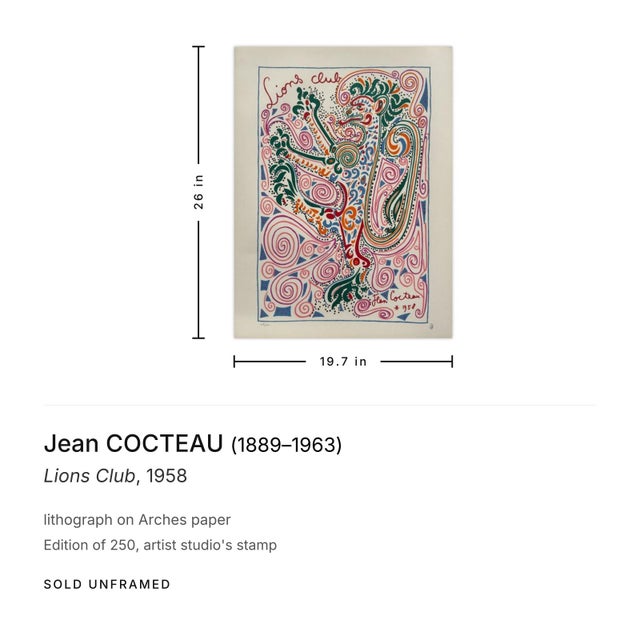 Contemporary 1958 Jean Cocteau Lions Club Lithograph For Sale - Image 3 of 3