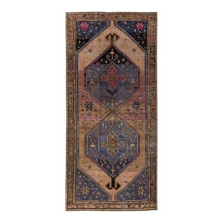 1960s Vintage Persian Distressed Handmade Geometric Brown Wool Rug For Sale