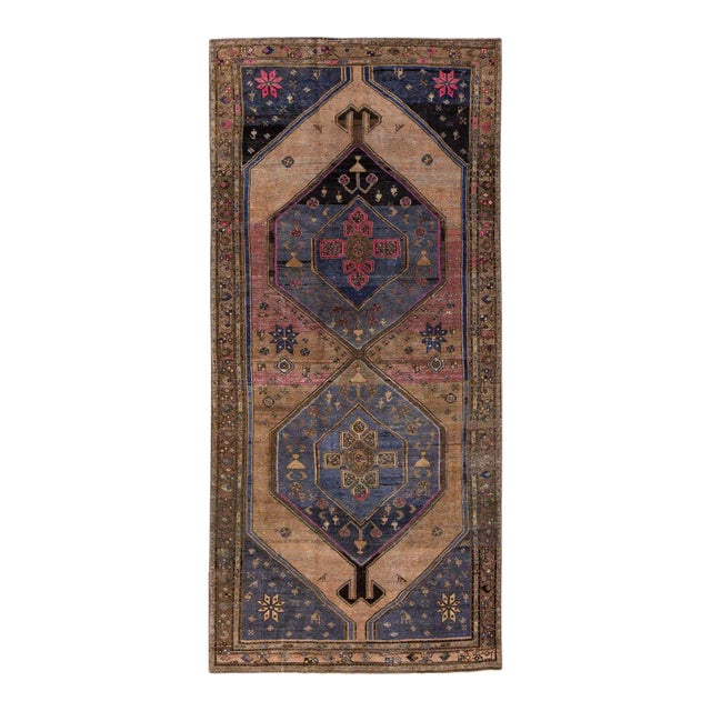 1960s Vintage Persian Distressed Handmade Geometric Brown Wool Rug For Sale