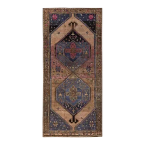 1960s Vintage Persian Distressed Handmade Geometric Brown Wool Rug