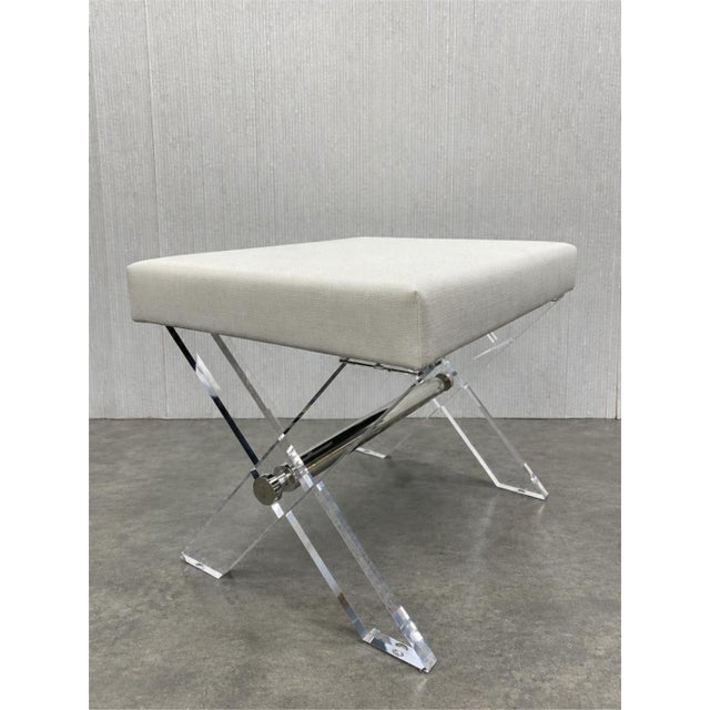 Worlds Away Dixon Acrylic Lucite X Base Stool Nickel Stretcher White Linen For Sale In Charlotte - Image 6 of 7