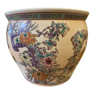 Large Mid-Century Chinese Export Colorful Hand Painted Cranes Flowers Fish Bowl Planter Cachepot For Sale