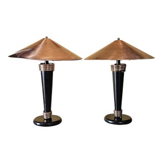 Late 20th Century Pair of Postmodern Black and Copper Table Lamps With Wide Copper Shades – 22”h For Sale