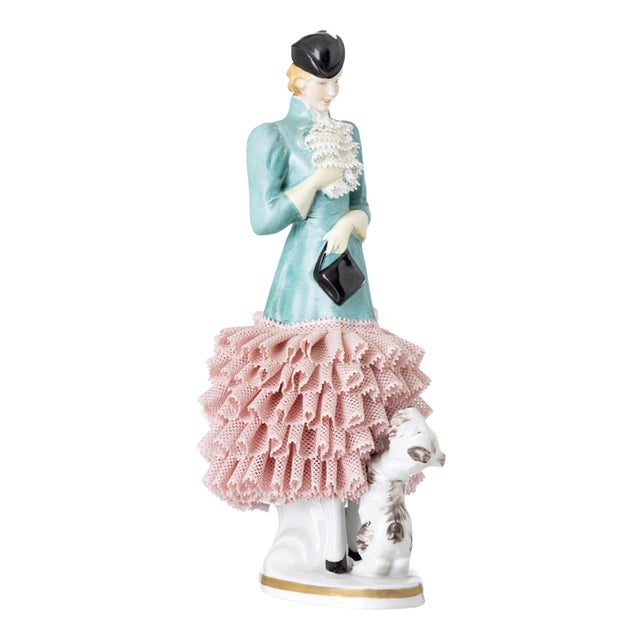 Porcelain Female Figure with Dog von Sitzendorf For Sale