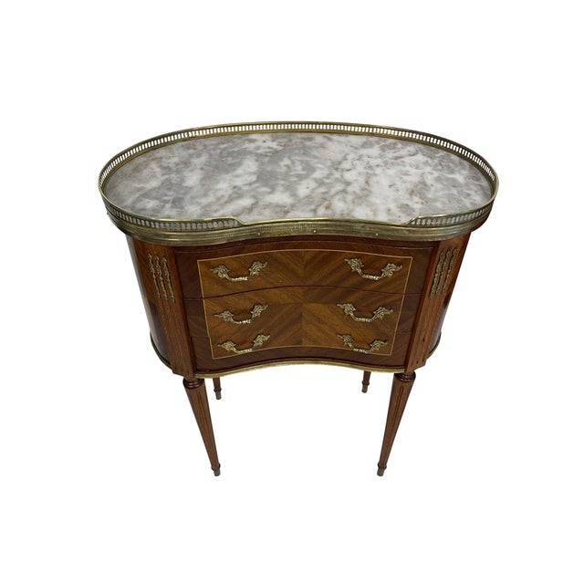 Early 20th Century Louis XVI Style End or Bedroom Side Tables with Marble and Brass Gallery Tops - A Pair For Sale - Image 9 of 18
