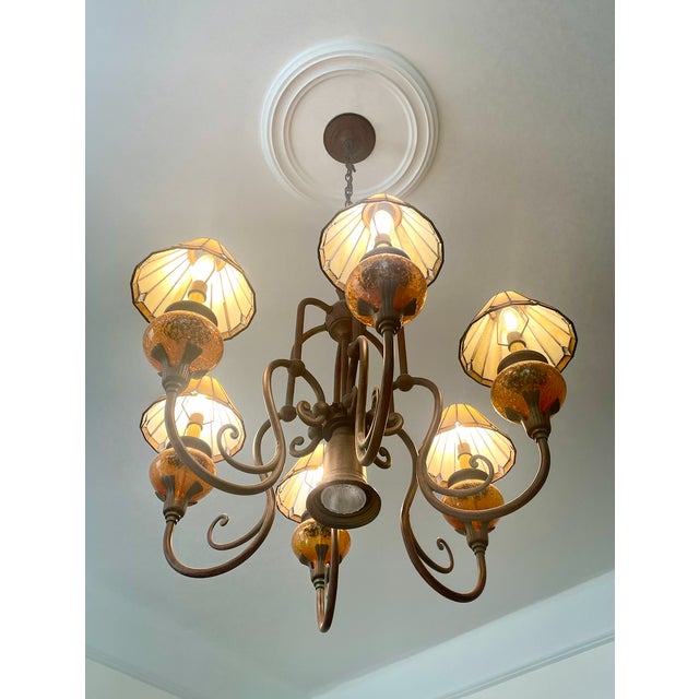 Vintage Mission Style 6-Light Large Chandelier Amber Glass Wrought-Iron For Sale - Image 4 of 5