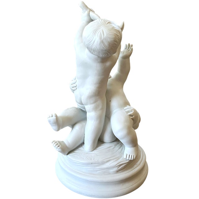 Edmé Samson Antique Edmé Samson Paris White Bisque Porcelain Sculpture of Three Children With a Bird For Sale - Image 4 of 16