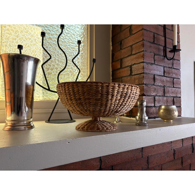 Contemporary Vintage Woven Natural Fiber Pedestal Bowl Basket For Sale - Image 3 of 11