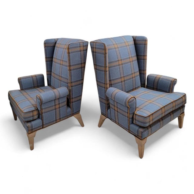 Mid Century Modern Italian Wingback Lounge Chairs Upholstered in Plaid Wool - Set of 2 For Sale In Chicago - Image 6 of 6