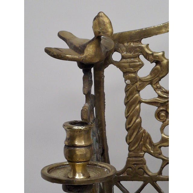 Late 19th Century Antique 19th C. Polish Brass Bench Menorah Hanukkah Lamp Lions Birds Openwork For Sale - Image 5 of 18