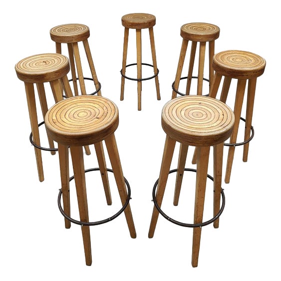 Vintage Wooden Swirl Barstools, 1970s, Set of 7 For Sale