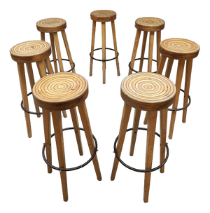 Vintage Wooden Swirl Barstools, 1970s, Set of 7