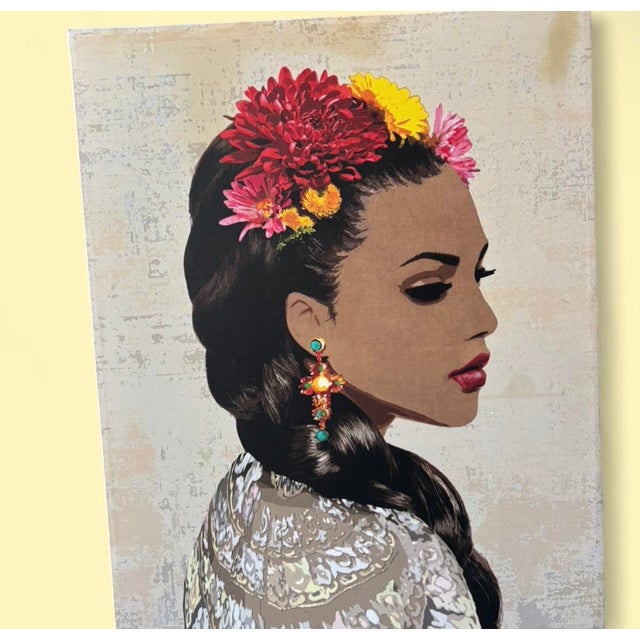 Pop Art Set of 2 Floral Portrait Women Canvas Paintings Medium Unframed For Sale - Image 3 of 4