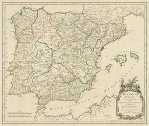 Large Antique Map of Spain and Portugal, 1760