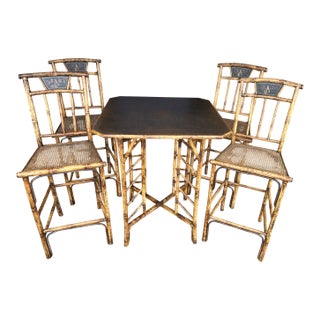 1960s Asian Pagoda Style Bamboo Table & Four Stools With Scenic Painted Panels For Sale