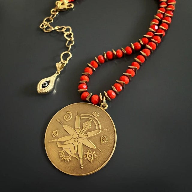 Silver Spiritual Journey Red & Gold Beaded Choker Necklace For Sale - Image 8 of 12